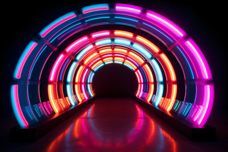 Experience the wonder of a neon light portal, rings, circles, and tunnel in this futuristic, abstract digital art illustration. Generative AIの素材