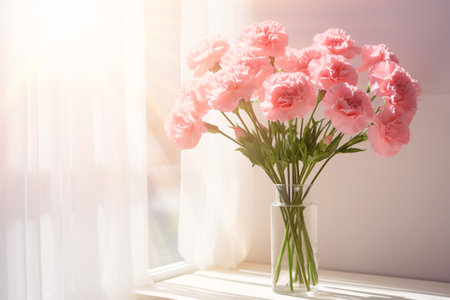 A stunning pink carnations bouquet on a white wall background with sunlight shadows, perfect for home decor, spring flowers, or a gift for any occasion. Generative AIの素材