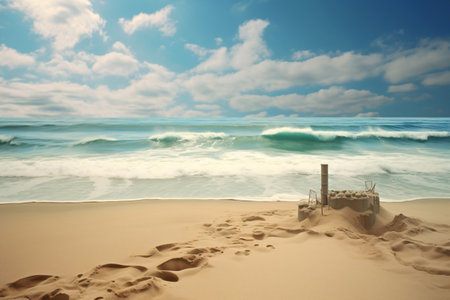 Sandy beach with beautiful sea, morning light, Enjoy the stunning sunrise, pristine sand. Generative AIの素材