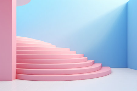 3D of a pink spiral staircase isolated on a blue background. This high-quality image is perfect for use in a variety of creative projects, from website design to advertising. Generative AIの素材