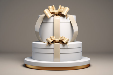 A luxurious gift box with a gold ribbon sits on a white podium, creating a stunning geometric concept perfect for the Christmas season. Generative AIの素材