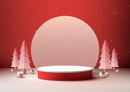 Christmas festive 3D red and white podium decoration with circle backdrop and pine tree for product display with snowfall and white floor and red wall background. Christmas holiday concept mockup. Vector illustrationのイラスト素材