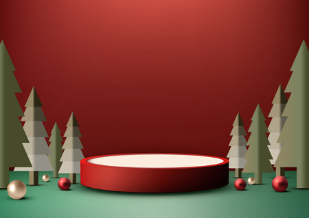 Christmas festive 3D red and white podium decoration with green pine tree for product display with golden, red balls and green floor and red wall background. Christmas holiday concept mockup. Vector illustrationのイラスト素材