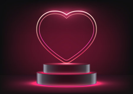Valentine's Day display shine 3D podium mockup. Featuring a glowing pink neon heart frame against a sleek black backdrop. Vector illustrationのイラスト素材