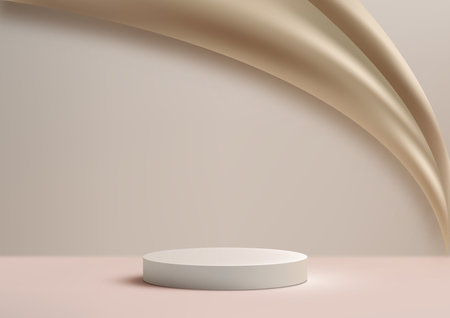 3D podium mockup. Featuring a sleek white podium adorned with a golden cloth, this photorealistic scene background is perfect for showcasing cosmetics, jewelry. Luxury style. Vector illustrationのイラスト素材