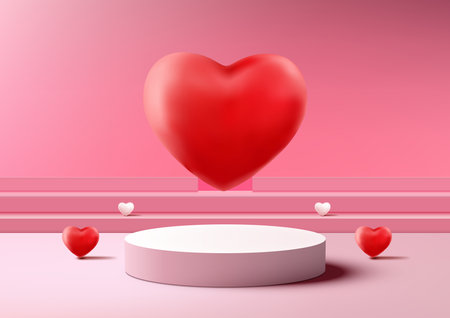 Valentine's Day display with this realistic 3D podium mockup red and pink color scheme with a decorative hearts elements. Vector illustrationのイラスト素材