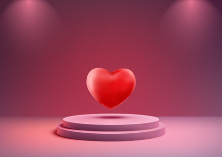 Valentine's Day display with this realistic 3D podium mockup pink color scheme with a decorative red hearts backdrop. Vector illustrationのイラスト素材