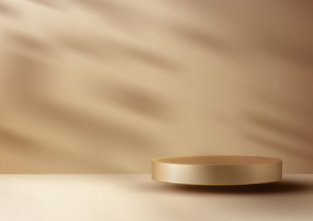 3D gold podium mockup. Featuring a clean beige background and subtle leaf shadows, Display is perfect for showcasing jewelry, cosmetics, fragrances. Vector illustrationのイラスト素材