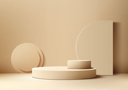 Abstract 3D beige podium with geometric shapes, including a circle, cylinder, and staircase. Vector illustrationのイラスト素材