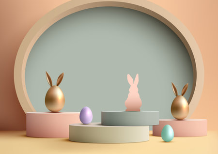 Showcase your products modern Easter podium mockup. 3D design with pastel colors, geometric shapes, eggs, rabbit, it's perfect for the spring season. Vector illustrationのイラスト素材