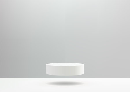 3D white cylinder podium floats in the air on a white floor on gray background. Vector illustrationのイラスト素材