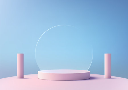 3D round pink podium with glass transparent circle backdrop on a pink floor with two pole on a blue background, modern concept, product display, mockup, showroom, showcase. Vector illustrationのイラスト素材