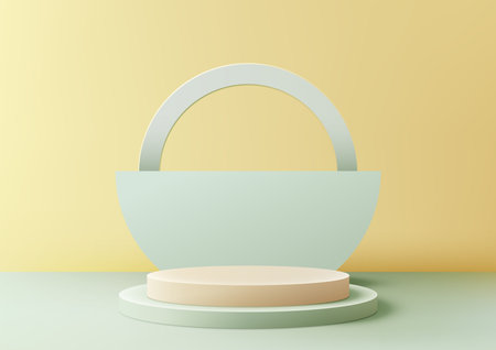 3D green and yellow podium with geometric circle backdrop on light yellow background, modern concept, product display, mockup, showroom, showcase. Vector illustrationのイラスト素材