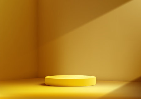 3D yellow podium sits in a corner of a yellow studio room background, modern concept, product display, mockup, showroom, showcase. Vector illustrationのイラスト素材