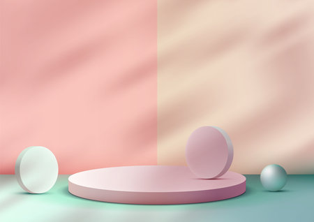 3D round pink podium with circle and ball geometric elements leaves sits on a soft pink background, modern concept, product display, mockup, showroom, showcaseのイラスト素材