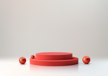 3D Red Podium with Red Spheres on Clean White Background for Modern Product Display, Mockup, Showroom Showcaseのイラスト素材