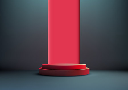 Dramatic Red 3D Podium on Dark Stage, Modern Style Product Display and Mockup for Showroom Showcaseのイラスト素材