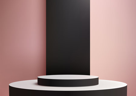 Minimalist Black Cylinder Platform on White Base with Pink and Black Stripes Wall, Modern Product Display for Mockup, Showcase, and Showroomのイラスト素材