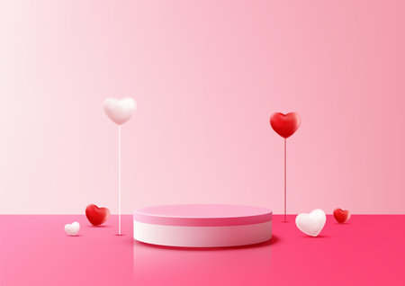 Romantic Pink Podium with Hearts on Soft Pink Backdrop, Perfect 3D Mockup for Love, Valentineâs Day, Wedding, and Product Display Showcaseのイラスト素材