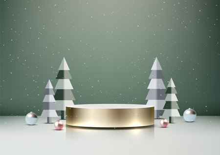 Modern Christmas mockup 3D golden podium, surrounded by festive pine trees and ornaments on a snowy green background. seasonal product displays and holiday showroomsのイラスト素材