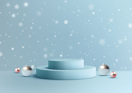 Christmas festive winter scene with 3D two tiered podium, surrounded by snowflakes and ornaments on a light blue background. Product displays, mockups, and seasonal marketingのイラスト素材