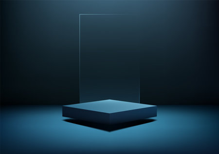 minimalist 3d blue podium display platform illuminated from the front, casting a soft glow and subtle shadow, perfect for product mockups, showroom presentations, and modern advertising conceptsのイラスト素材