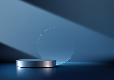 sleek modern product showcase featuring a 3d silver cylindrical podium on a reflective surface, bathed in cool blue light, perfect for minimalist luxury mockups and high end presentationsのイラスト素材