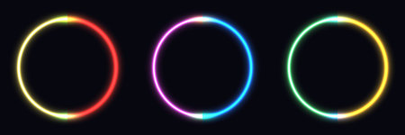 set of three glowing neon circles against a dark background, creating a luminous abstract scene with vibrant colors, futuristic technology vibes, and modern geometric designのイラスト素材