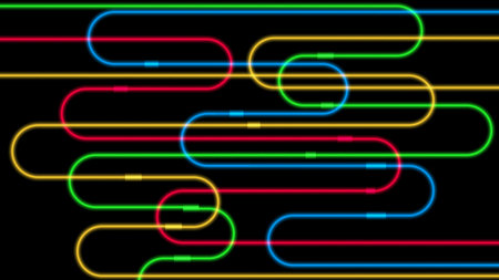 vibrant abstract neon background of glowing tubes in blue red green and yellow winding across black suggesting a futuristic digital circuit network ideal for tech themed design projectsのイラスト素材