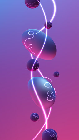 futuristic abstract background showing pink neon light curving through glossy liquid spheres on a purple gradient surface captured to express modern design energy and visual creativityのイラスト素材