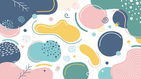 abstract colorful background with pastel geometric and organic shapes scattered on white surface blending pink yellow blue and teal tones for modern artistic design and digital creativityのイラスト素材