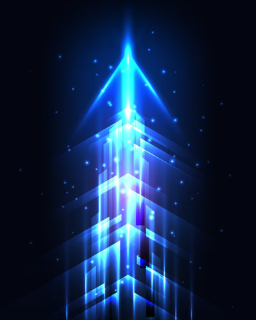vibrant futuristic digital arrow design of high speed technology and data flow. The electric blue and cyan light streaks soar upwards on a dark background, business and networking environmentsのイラスト素材