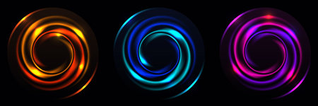 dynamic abstract circular swirling light effects in vibrant color on dark background, futuristic sense of intense energy, power, and a cosmic vortex or portal. technology, nightlife, or modern graphic designのイラスト素材