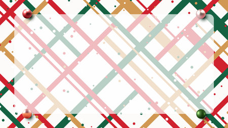 festive christmas background with diagonal red green gold stripes framed by glossy ornaments in every corner created for holiday design use capturing a cheerful seasonal mood for winter celebrationsのイラスト素材