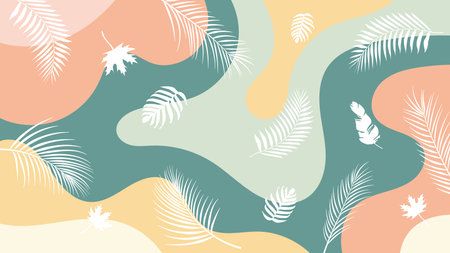 abstract background white tropical and maple leaf silhouettes over fluid organic shapes in soft...