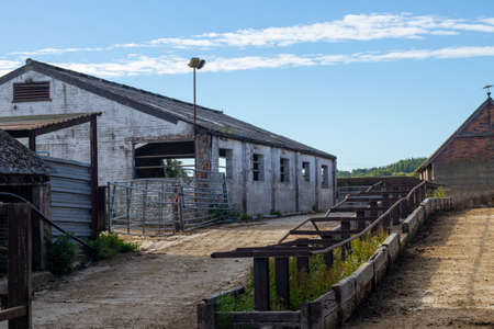 Dilapidated dairy farm building and yardの写真素材