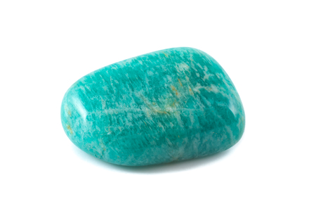 Amazonite close up white background. Adorable green gemstone.の写真素材