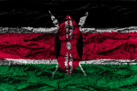 Kenya national flag painted on wooden bark of tree. Painting is rough and colorful.の写真素材