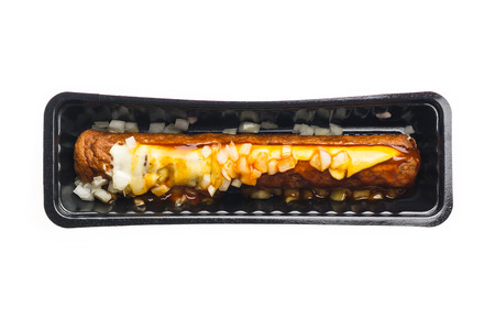 Frikandel special typical fast food in The Neterlands and Belgium. In a plastic container isolated on white background.の写真素材