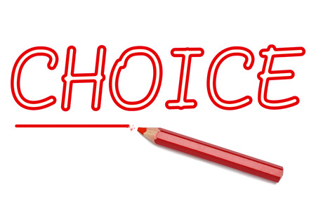 Choice text outline draw red pencil isolated on white background. Concept business, choice, decision, vision.の写真素材