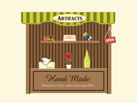 Shop of handmade products - paper rose, glass bottle light, potting, nightlight and card.のイラスト素材