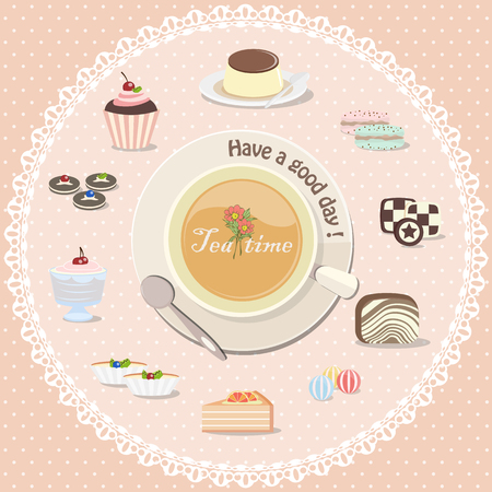 Tea time with dessert collection, including candy, cake, cookies etc.のイラスト素材