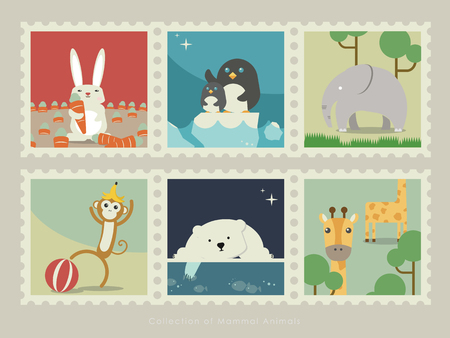 . A collection of mammal animals Rabbit with carrot; Penguin mon with penguin baby; Elephant in the grassland; Monkey playing with a ball; Polar bear trying catch a fish; Giraffe in the grassland.のイラスト素材