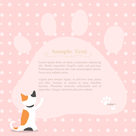 It is a memo template with pink background, white dot, cute cat and paw pattern text area.のイラスト素材
