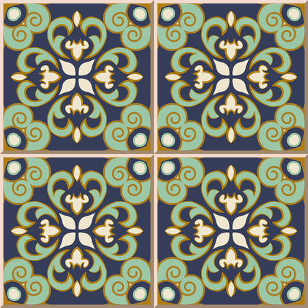 Ceramic tile pattern 370 vintage green blue spiral cross kaleidoscopeのイラスト素材