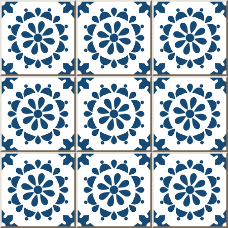 Ceramic tile pattern 356 vintage blue round cross flowerのイラスト素材