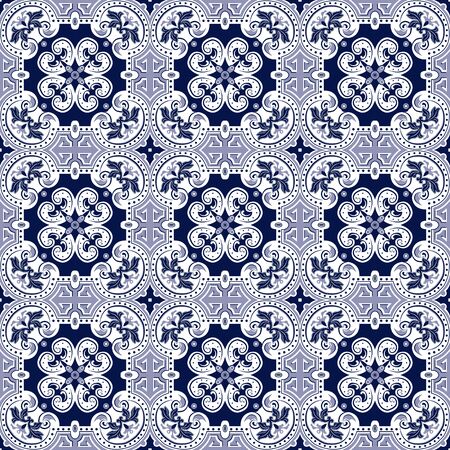 Seamless background image of vintage blue tone spiral round cross dot kaleidoscope pattern.のイラスト素材