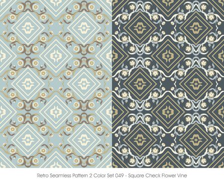 Retro Seamless Pattern 2 Color Set_049 Square Check Flower Vineのイラスト素材