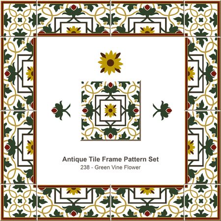 Antique tile frame pattern set_238 Green Vine Flowerのイラスト素材