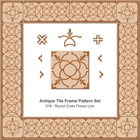 Antique tile frame pattern set_016 Round Cross Flower Lineのイラスト素材